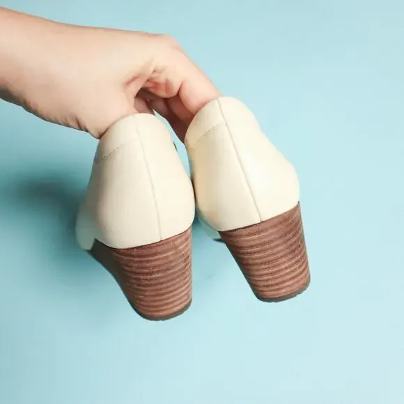 NWOT Abeo Veranda Stacked Cream Leather Almond Toe Wedge Heels Size 9 - Picture 5 of 9